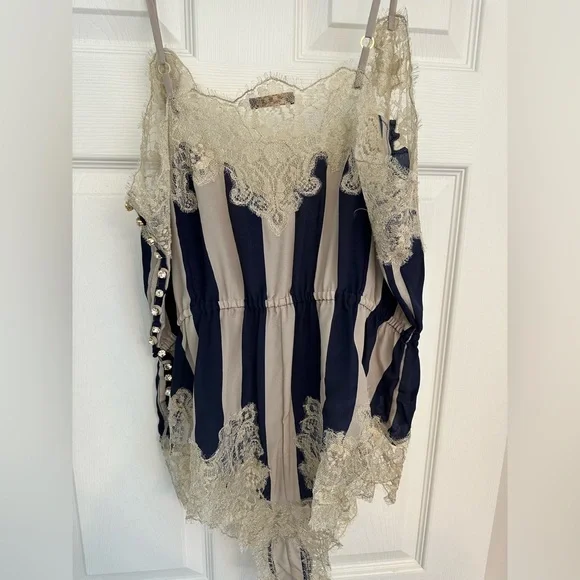Rosamosario 100% Silk Bodysuit Playsuit Navy Cream Stripes Champagne Lace Silk - Picture 11 of 17